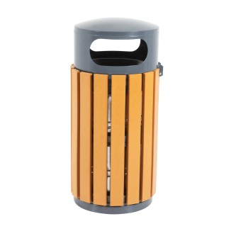 Vue générale de la poubelle extérieure ronde aspect bois Vue générale de la poubelle extérieure ronde aspect bois