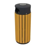 Vue générale de la poubelle extérieure ronde aspect bois avec cendrier intégré